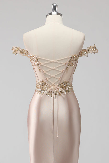 Sparkly Champagne Off the Shoulder Corset Appliqued Prom Dress with Slit