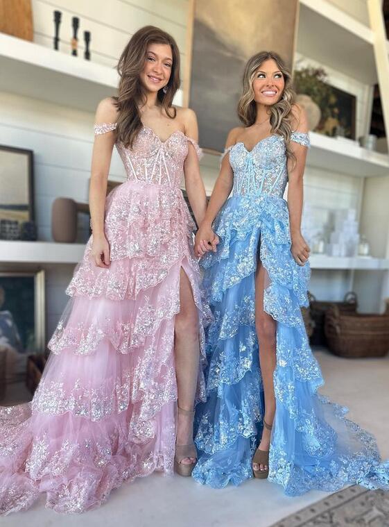 Capri | A-Line Lace Off-the-Shoulder Tiered Long Prom Dress with Slit