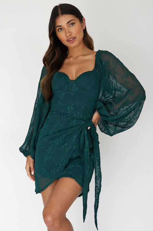 Aphrodite Long Sleeve Embroidered Dress Forest Green