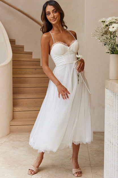 Smitten Sweetheart Neckline Chiffon Midi Dress White