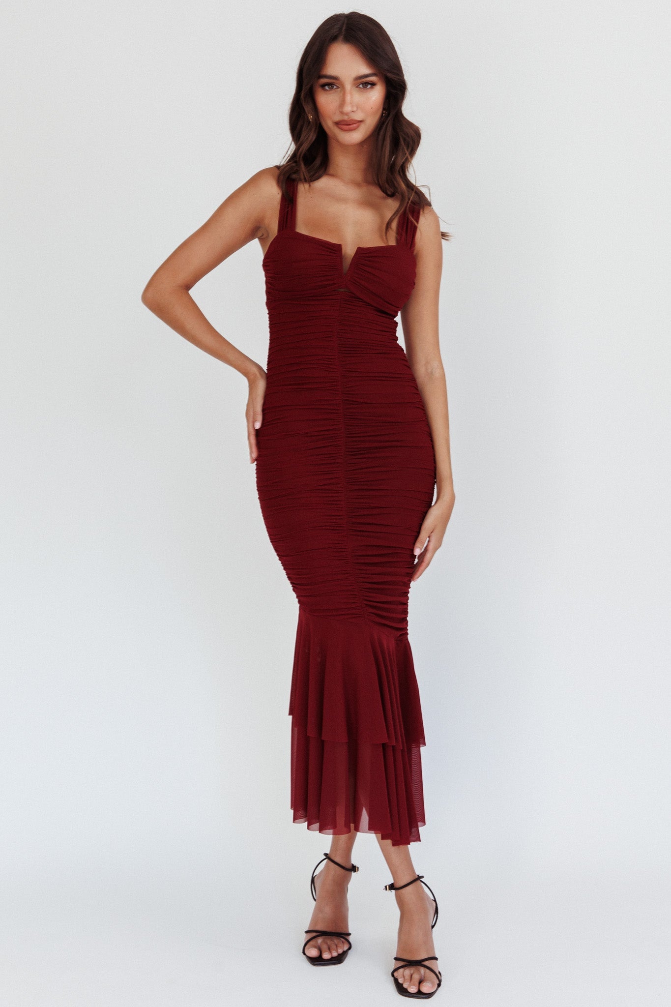 Nadia Ruched Fishtail Maxi Dress Dark Mauve