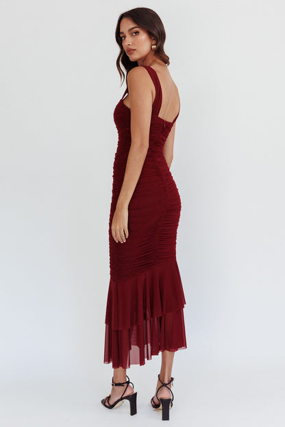 Nadia Ruched Fishtail Maxi Dress Dark Mauve