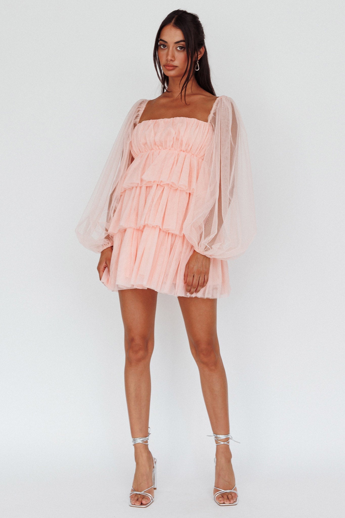 Spring Morning Long Sleeve Tiered Mini Dress Pink