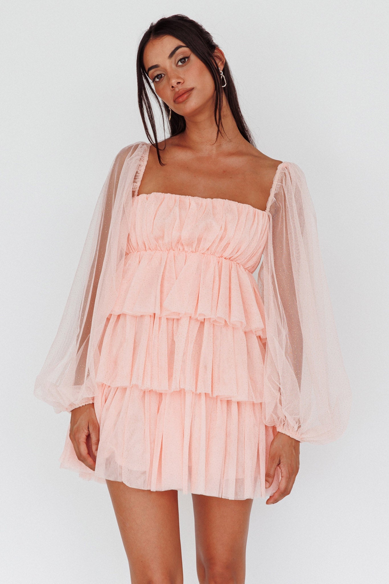 Spring Morning Long Sleeve Tiered Mini Dress Pink