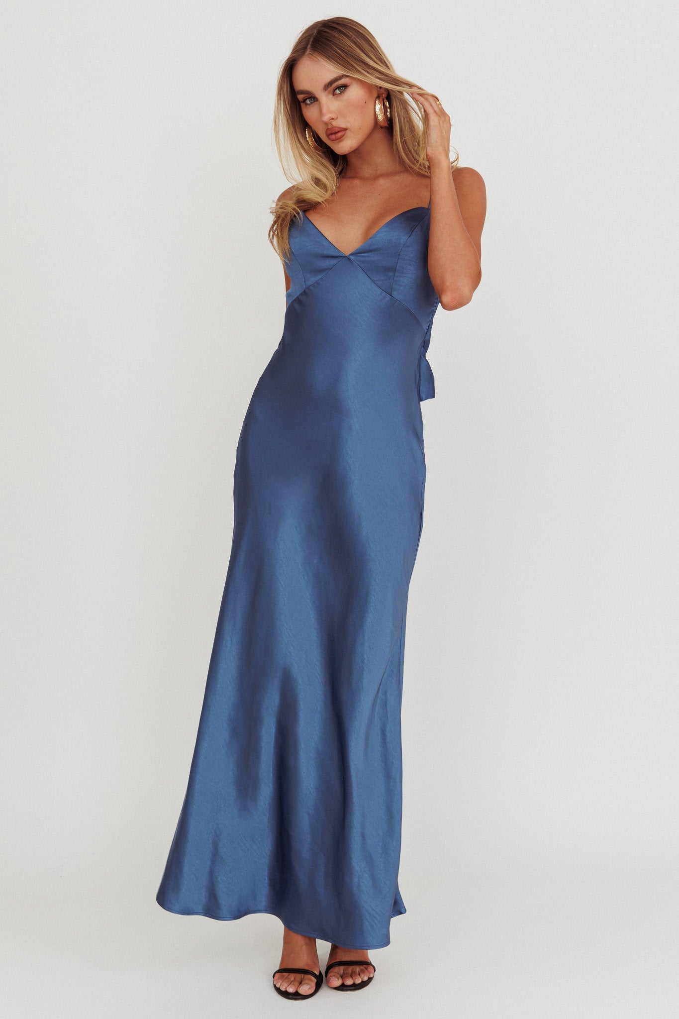 Ciao, Bella Tied Back Satin Maxi Dress Midnight Blue