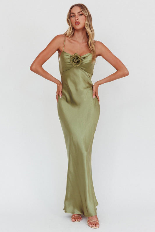 High Roller Cowl Back Rosette Maxi Dress Olive