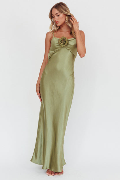 High Roller Cowl Back Rosette Maxi Dress Olive