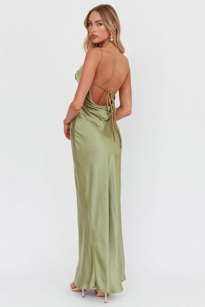 High Roller Cowl Back Rosette Maxi Dress Olive