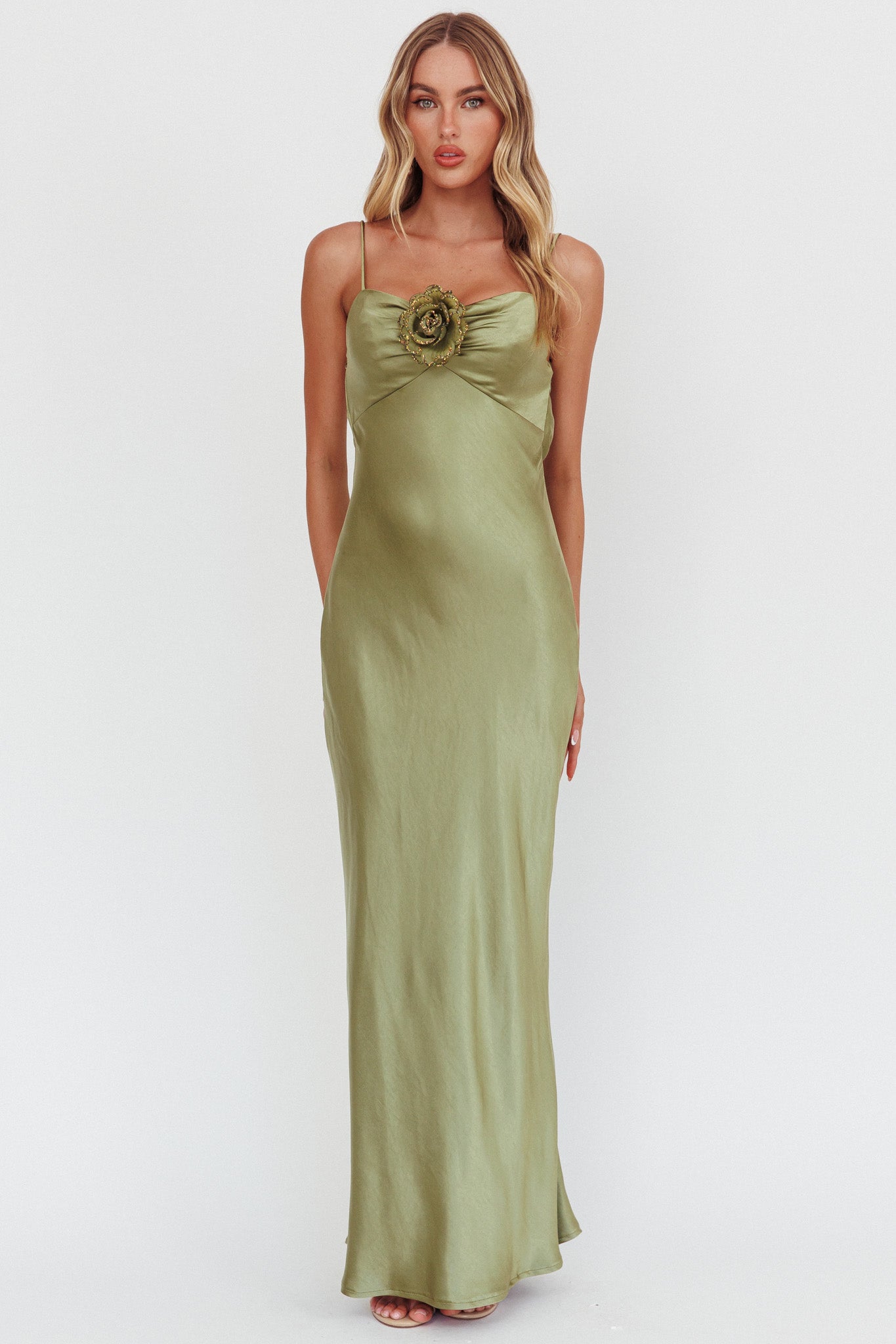 High Roller Cowl Back Rosette Maxi Dress Olive