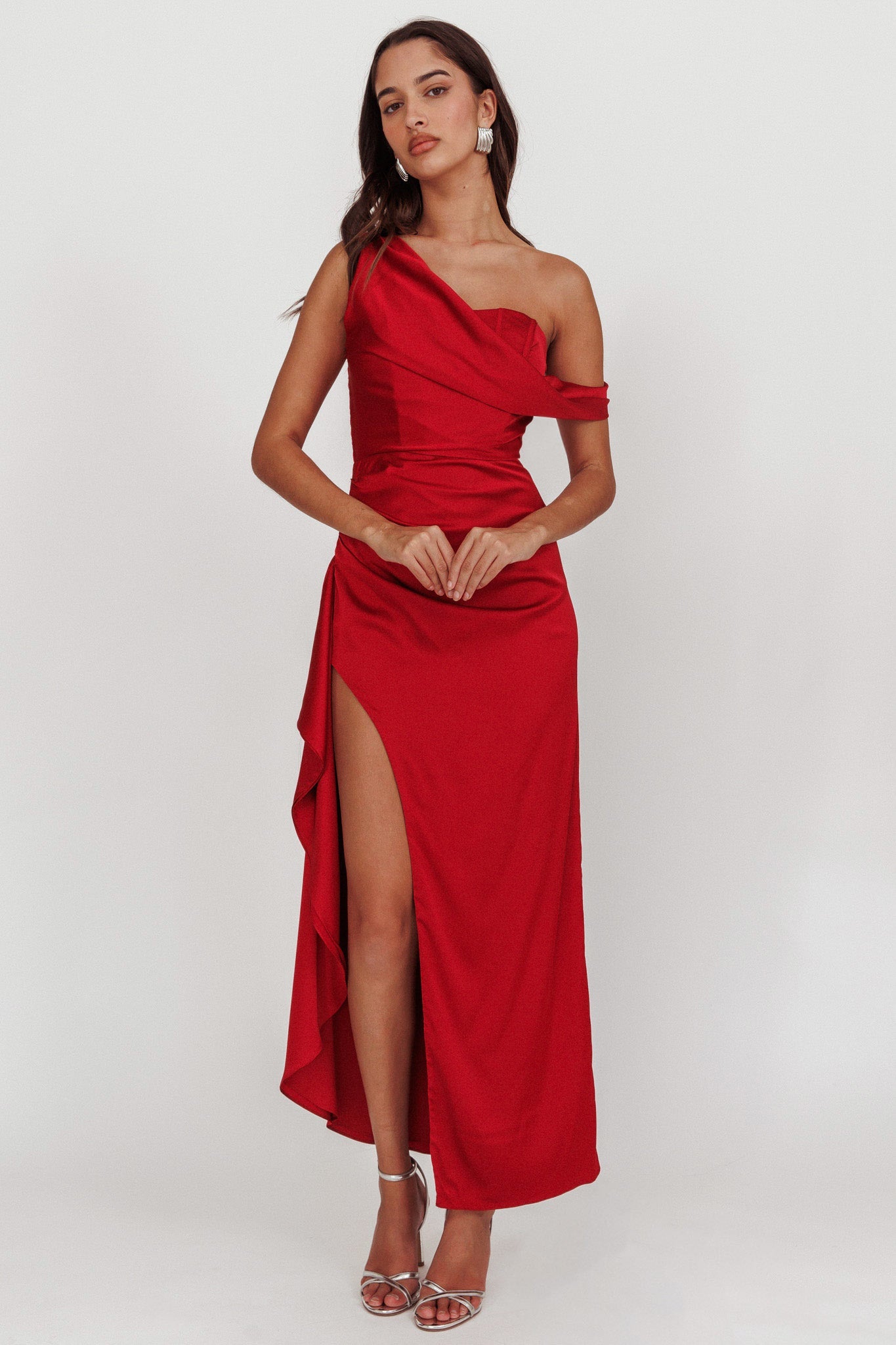 Sensations Off Shoulder Satin Maxi Dress Red