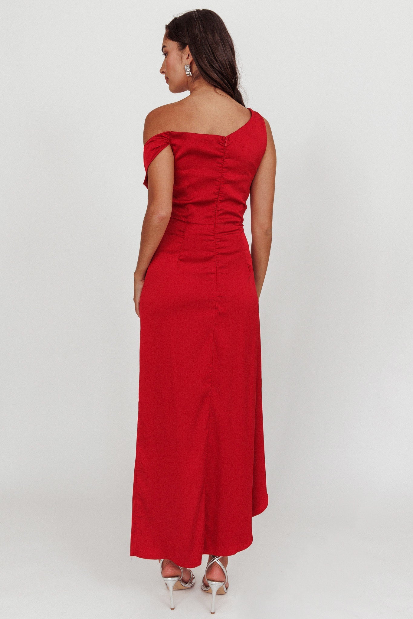 Sensations Off Shoulder Satin Maxi Dress Red