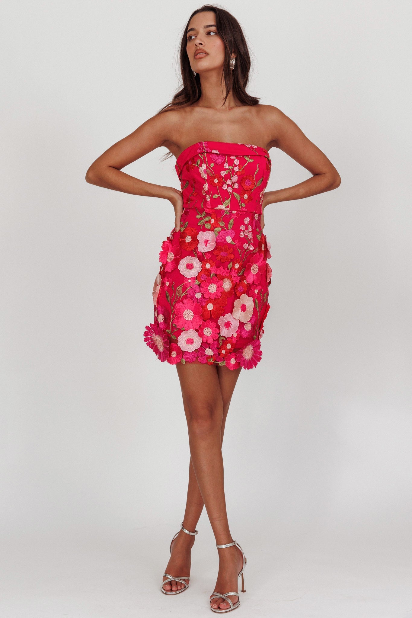 Flora Day Strapless Floral Embellished Mini Dress Fuchsia