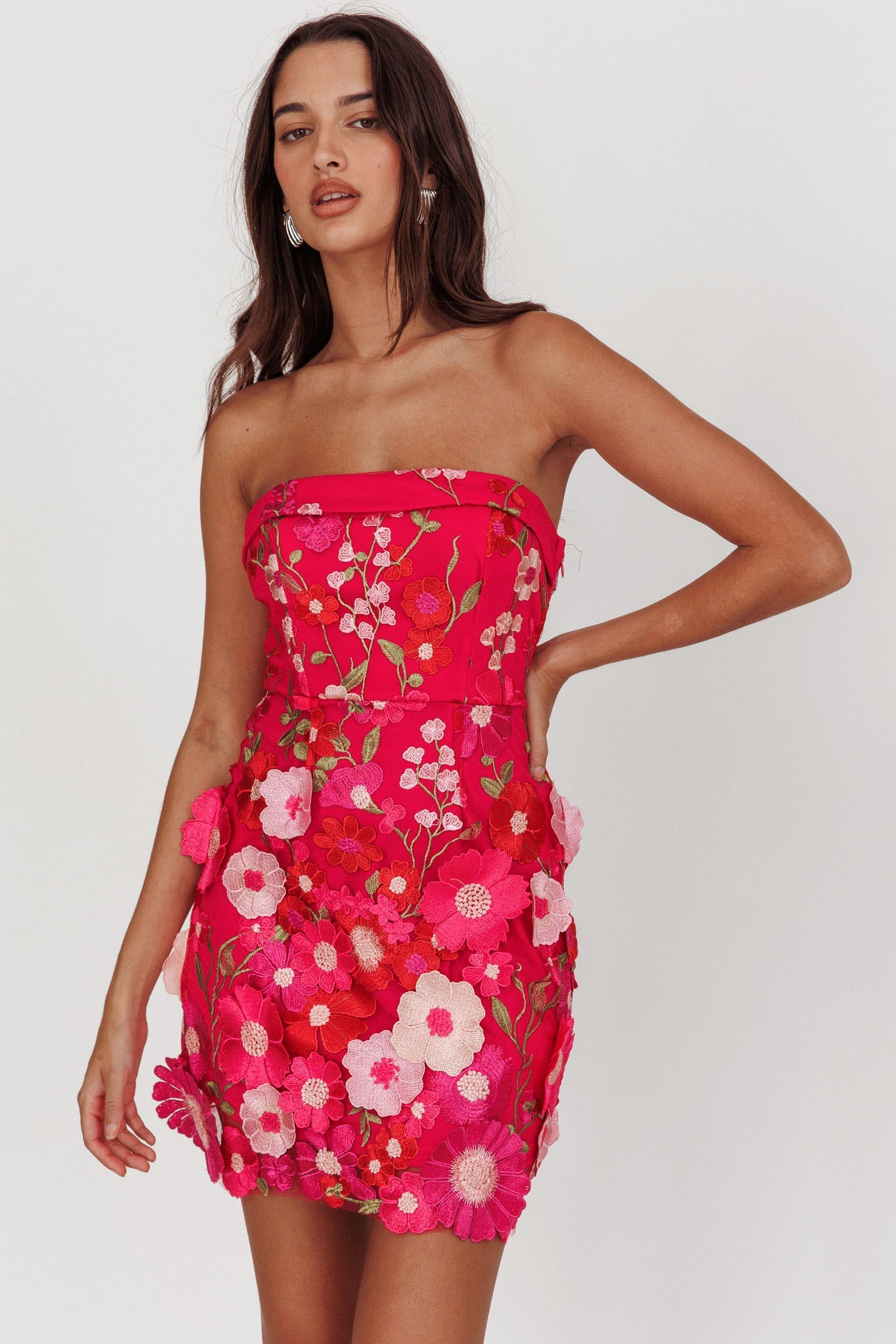 Flora Day Strapless Floral Embellished Mini Dress Fuchsia