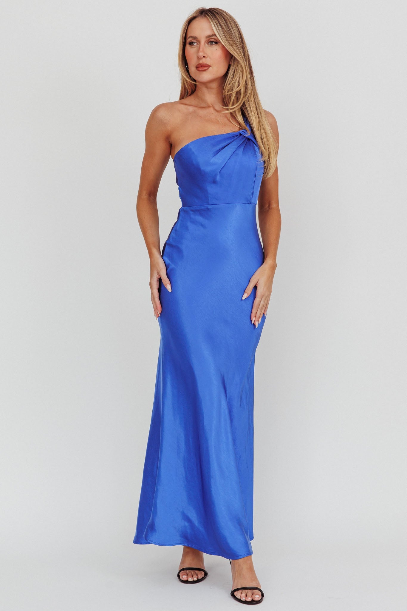 Fly Love Satin One Shoulder Maxi Dress Navy