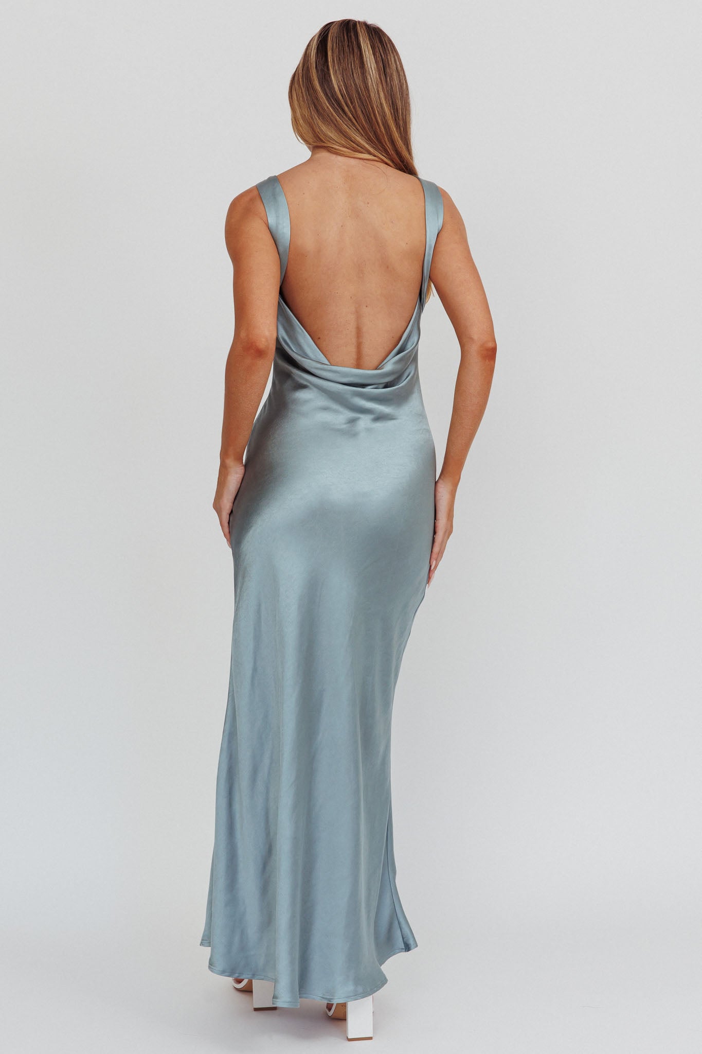 Carmine Satin Sleeveless Maxi Dress Blue