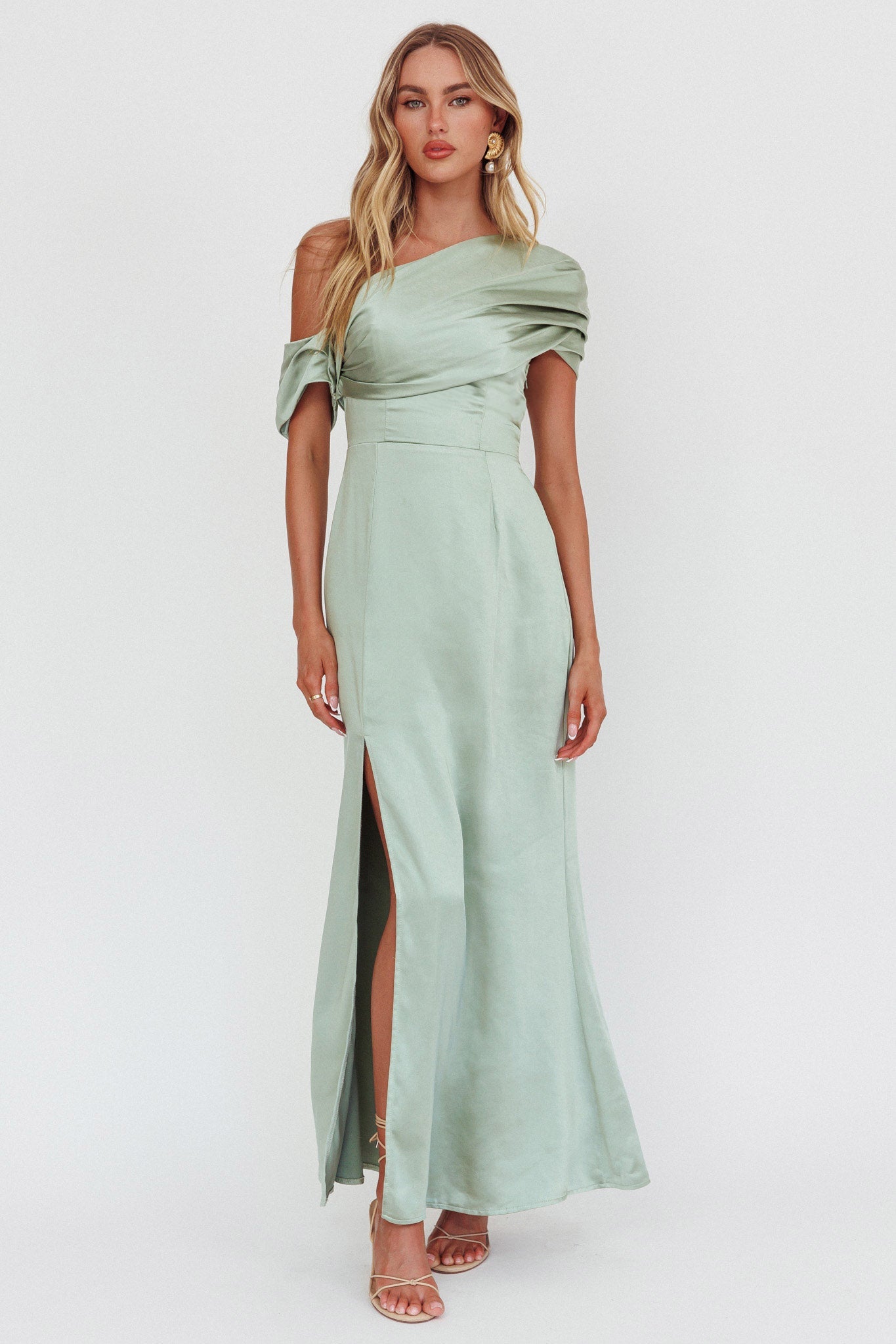 Bellissima Asymmetric Shoulder Maxi Dress Sage