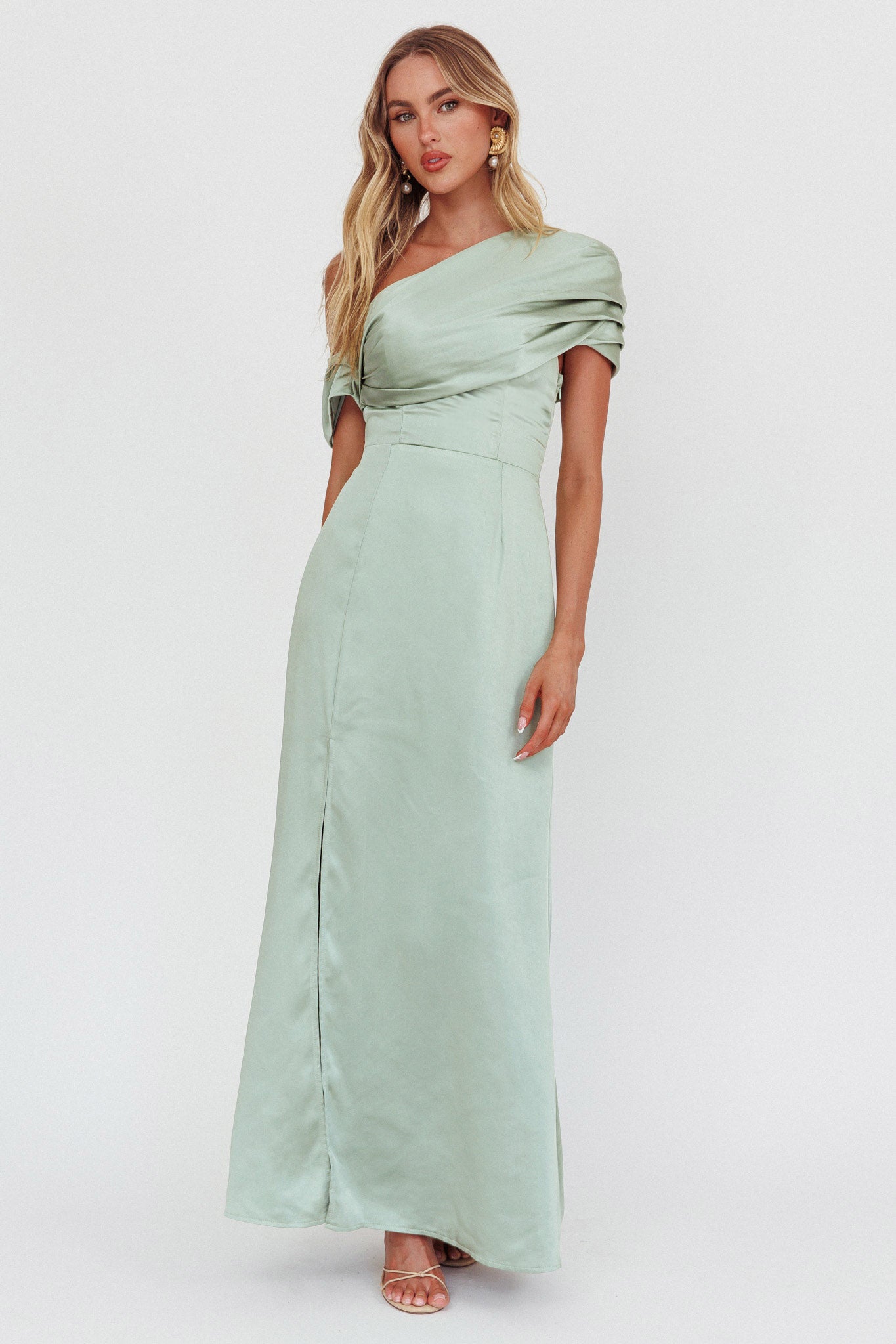 Bellissima Asymmetric Shoulder Maxi Dress Sage