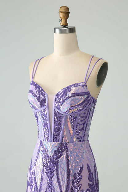 Sparkly Dark Purple Spaghetti Straps Corset Unique Homecoming Dress with Sequins