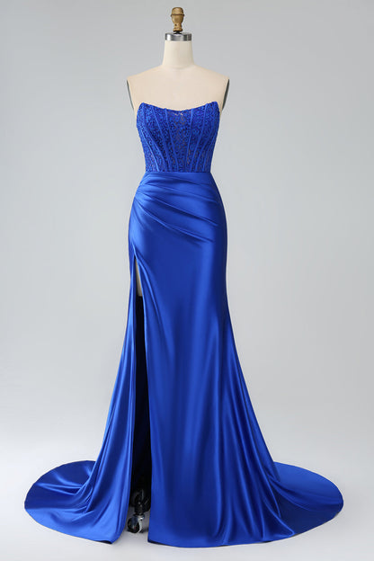 Royal Blue Mermaid Strapless Long Corset Prom Dress with Slit