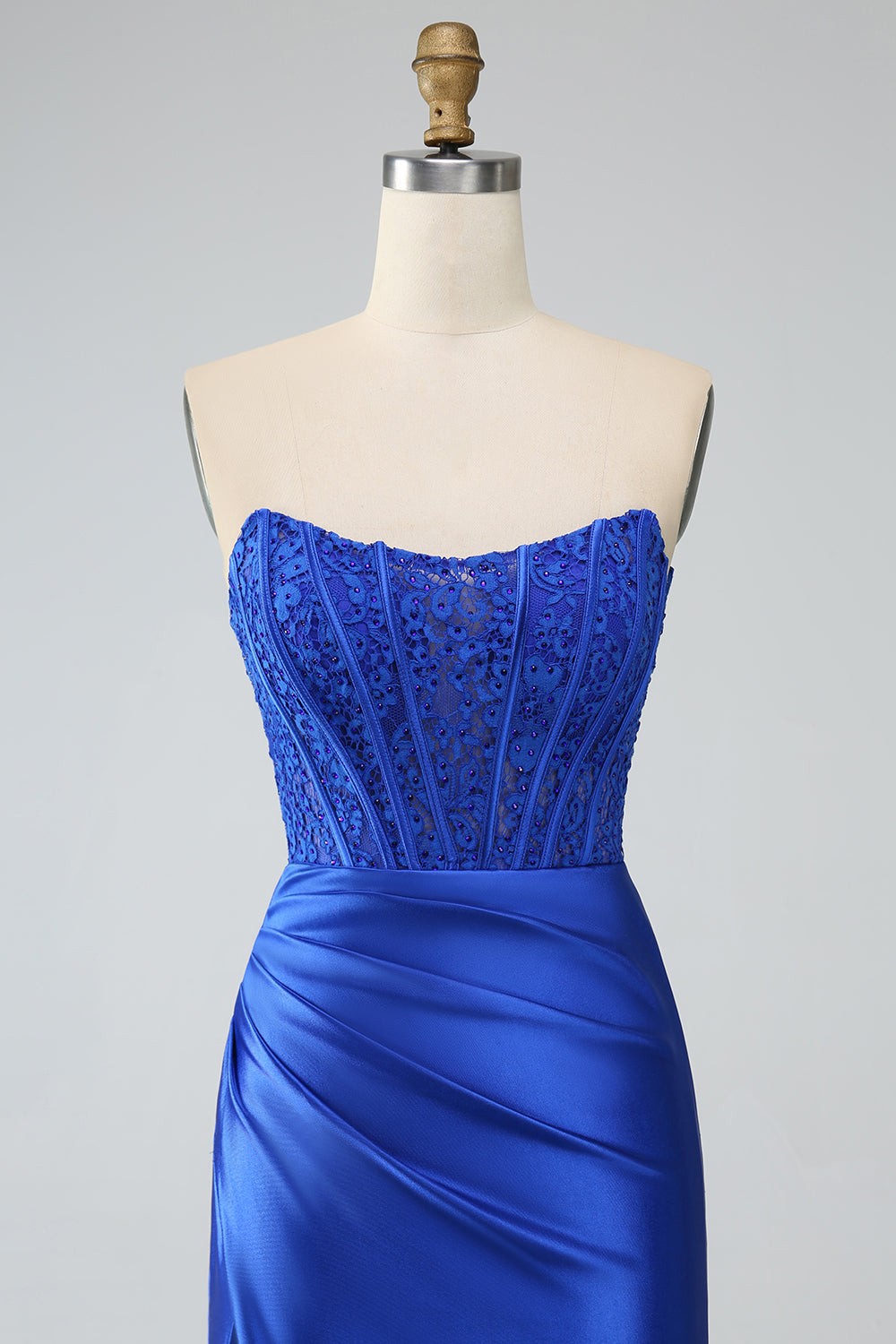 Royal Blue Mermaid Strapless Long Corset Prom Dress with Slit