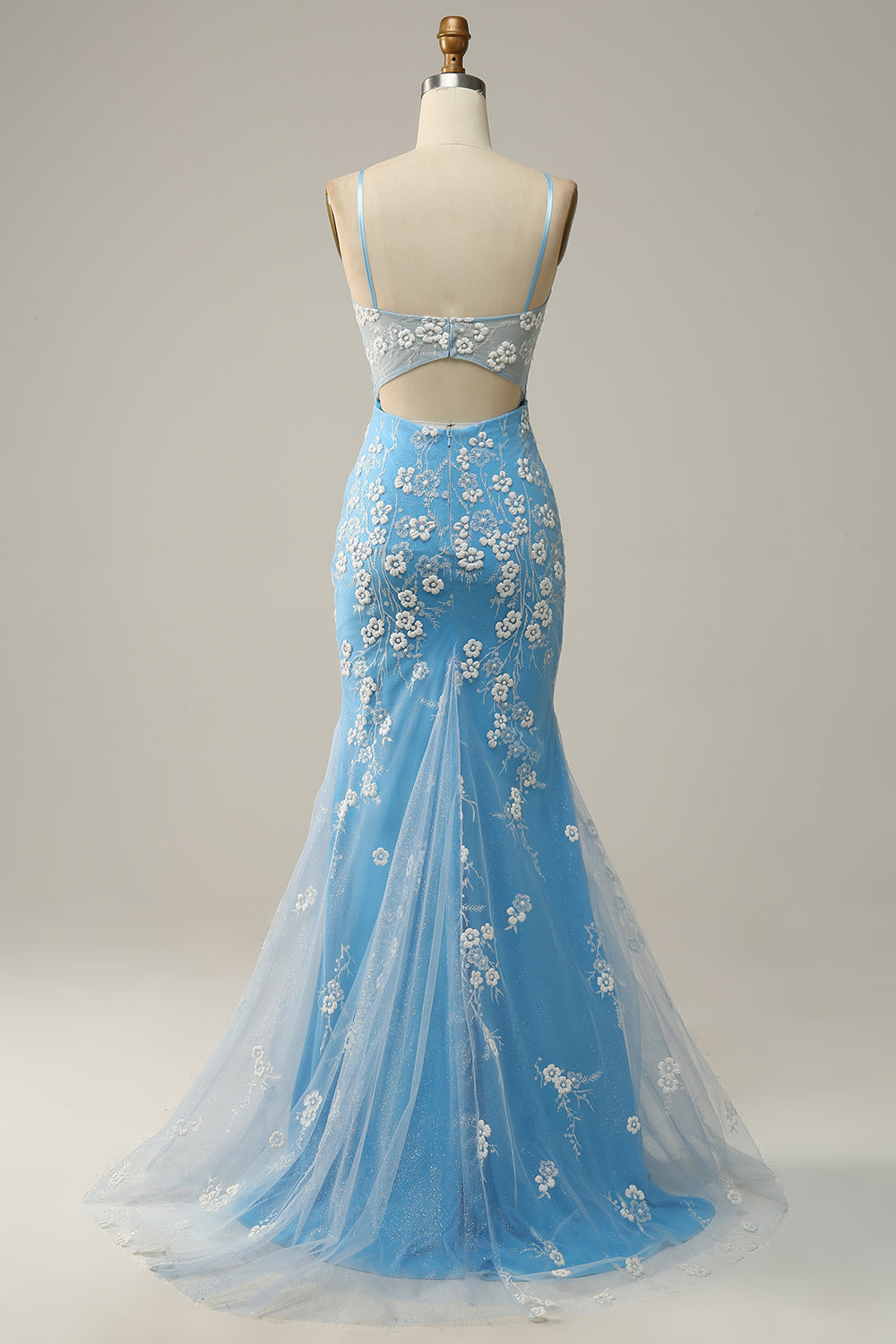 Mermaid Spaghetti Straps Blue Long Prom Dress with Appliques