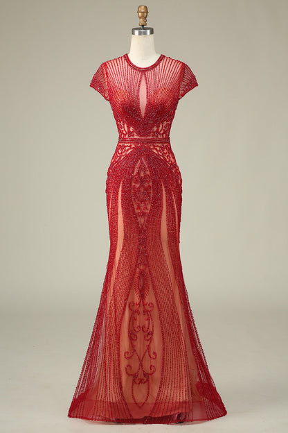 Luxurious Mermaid Jewel Neck Champagne Prom Dress with Beading