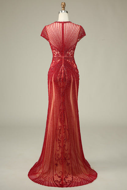 Luxurious Mermaid Jewel Neck Champagne Prom Dress with Beading