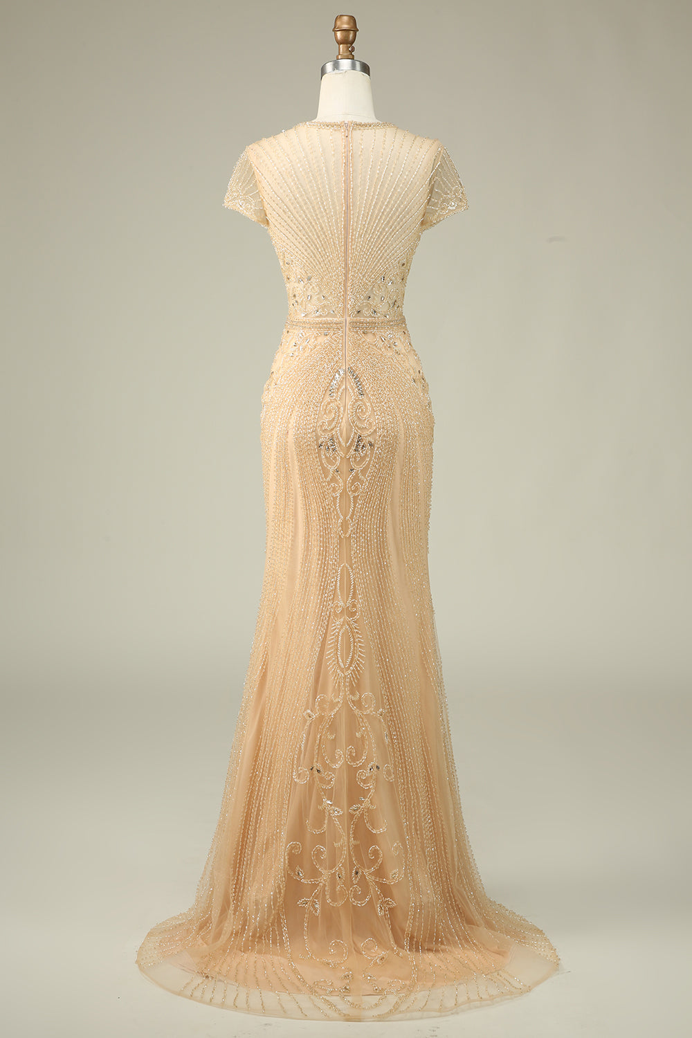 Luxurious Mermaid Jewel Neck Champagne Prom Dress with Beading