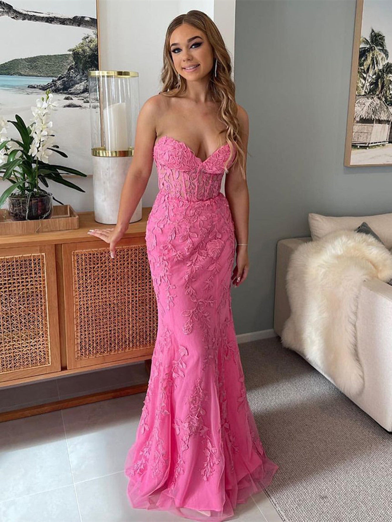 Evie |Mermaid Strapless Lace Prom Dress With Appliques
