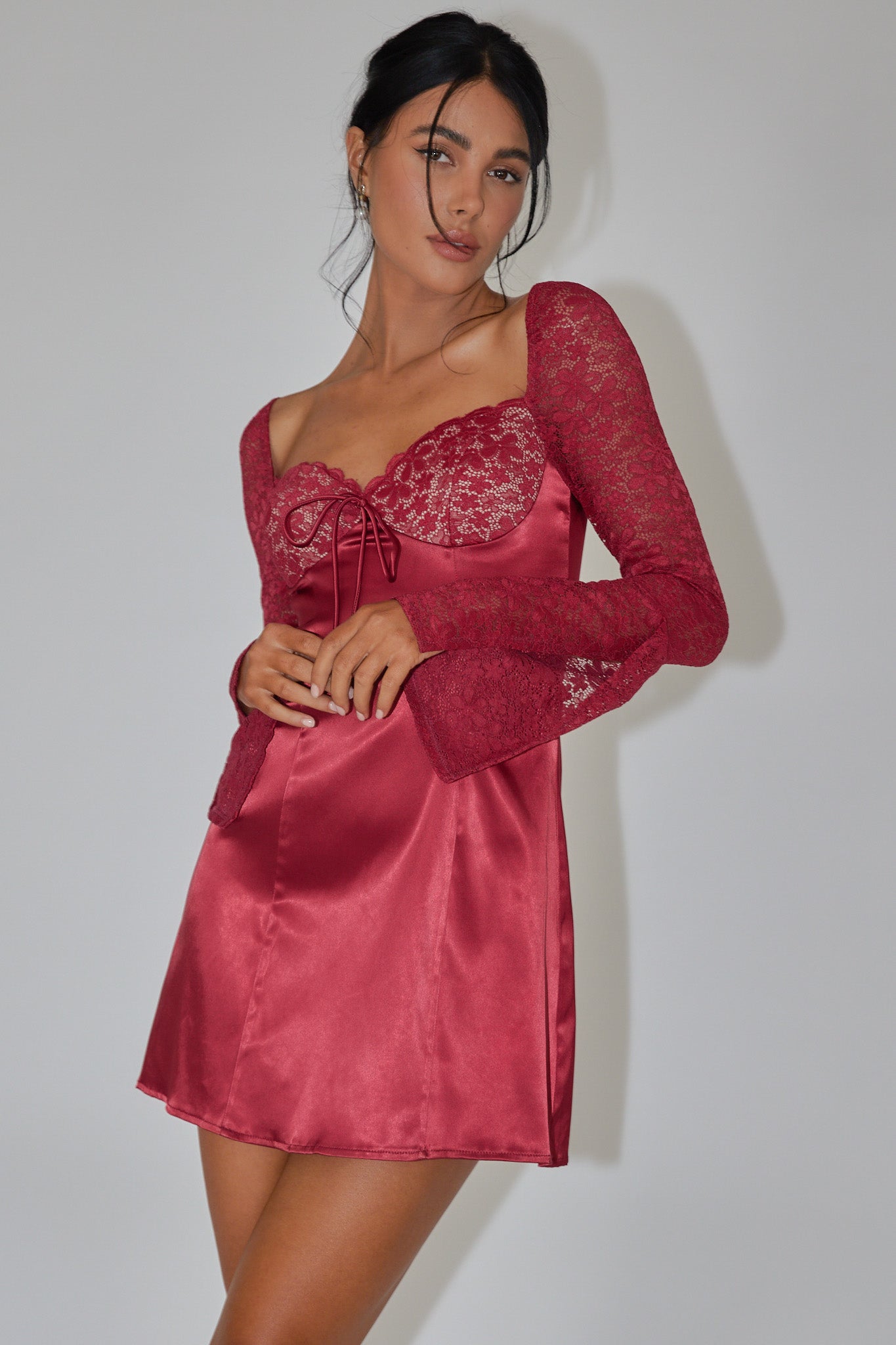 Ti Amo Lace Bust Long Sleeve Mini Dress Wine