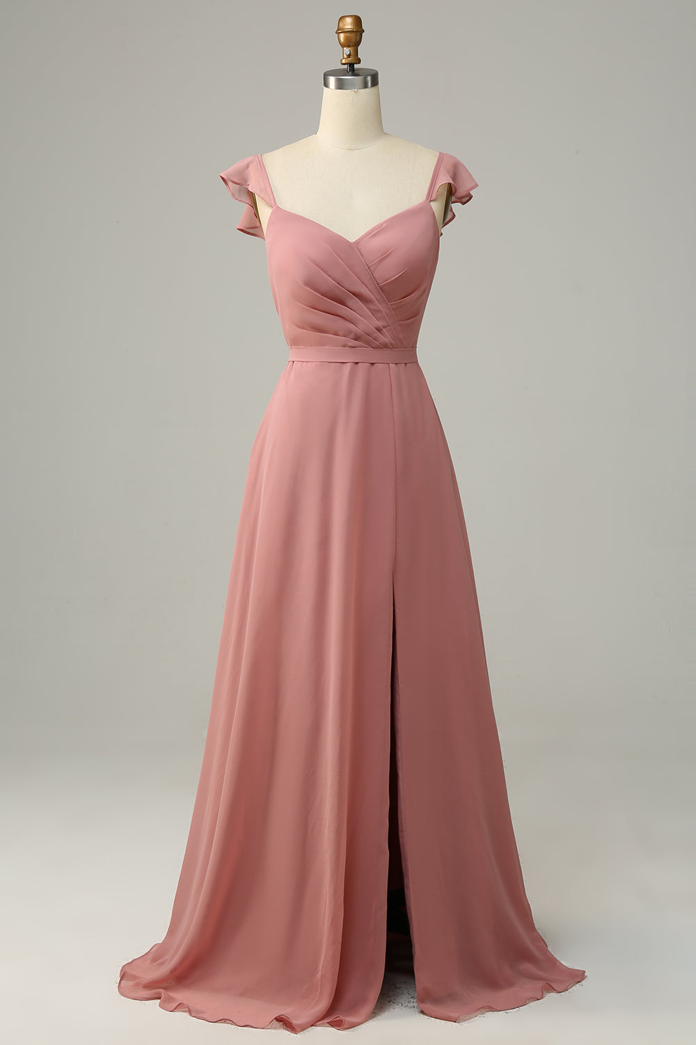 Dusty Rose A Line Ruffles Long Bridesmaid Dress With Slit