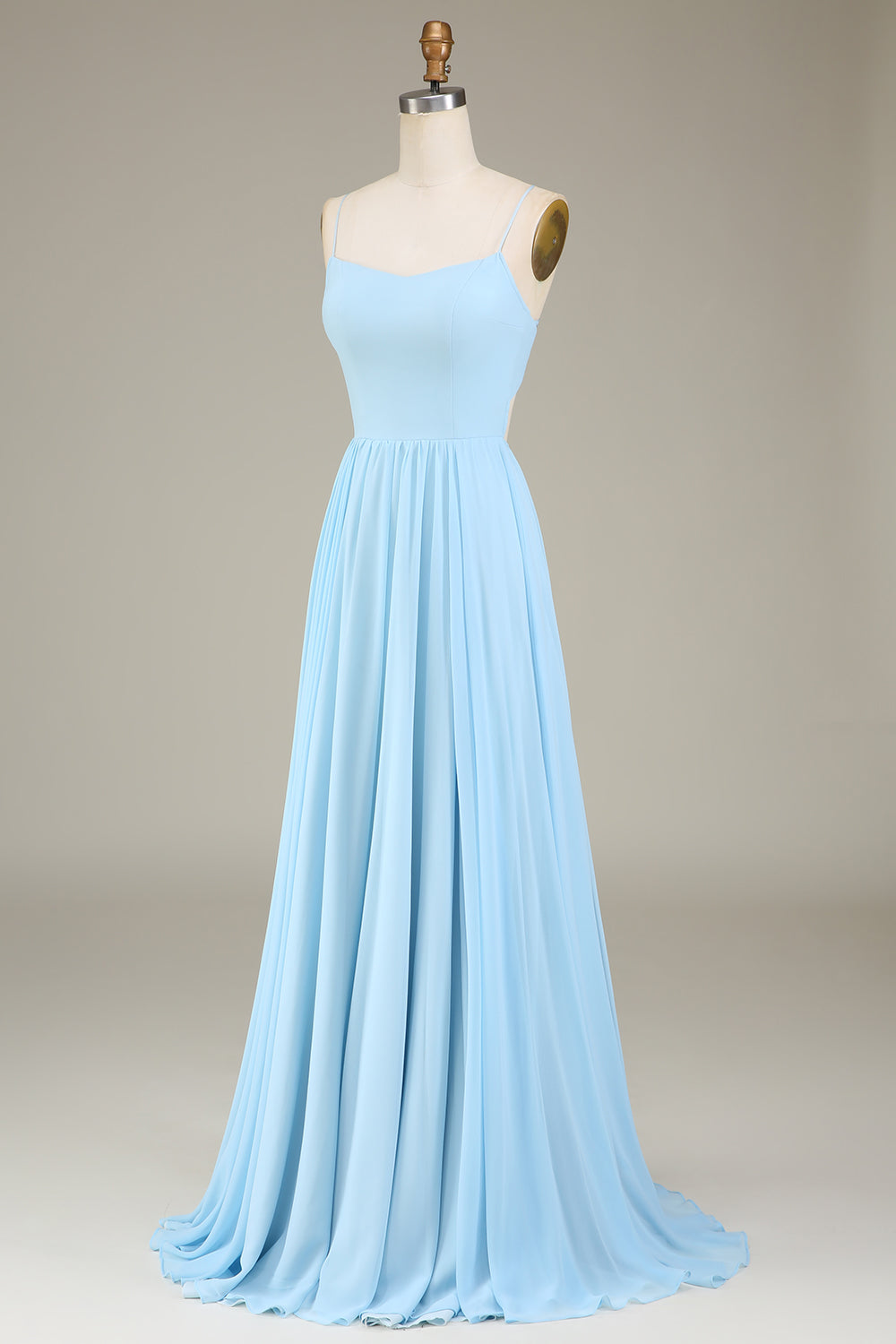 A-Line Spaghetti Straps Sky Blue Chiffon Long Bridesmaid Dress