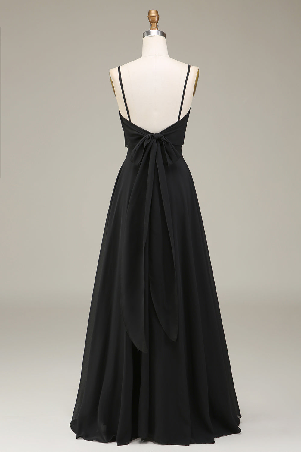 A-Line Spaghetti Straps Black Chiffon Long Bridesmaid Dress