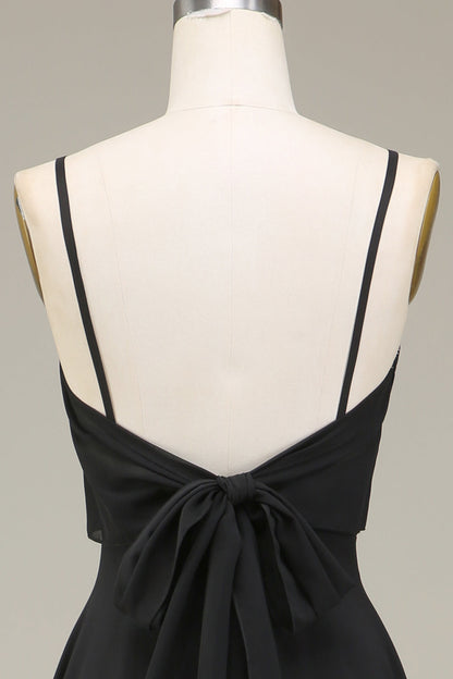 A-Line Spaghetti Straps Black Chiffon Long Bridesmaid Dress