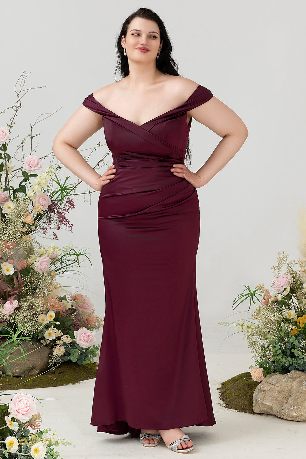 Mermaid Off The Shoulder Burgundy Plus Size Wedding Party Dress