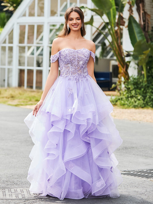 Off-the-shoulder Tulle Prom Dress with Floral Appliqued Lace Lilac