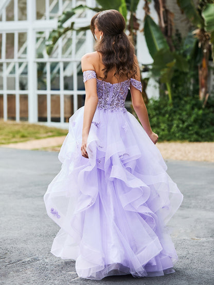 Off-the-shoulder Tulle Prom Dress with Floral Appliqued Lace Lilac