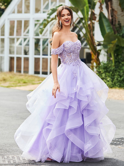 Off-the-shoulder Tulle Prom Dress with Floral Appliqued Lace Lilac