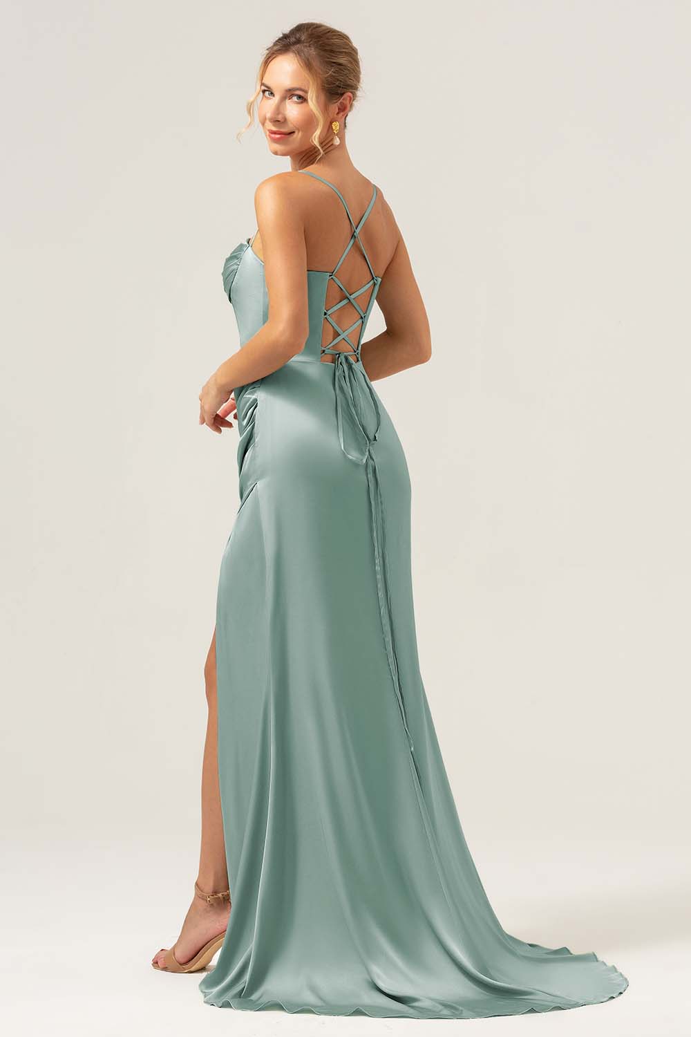 Spaghetti Straps Agave Corset Long Bridesmaid Dress with Slit