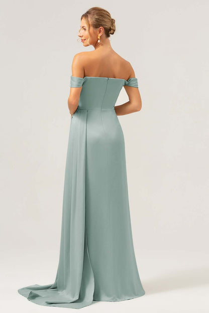 Dusty Sage Off The Shoulder Long Bridesmaid Dress with Slit