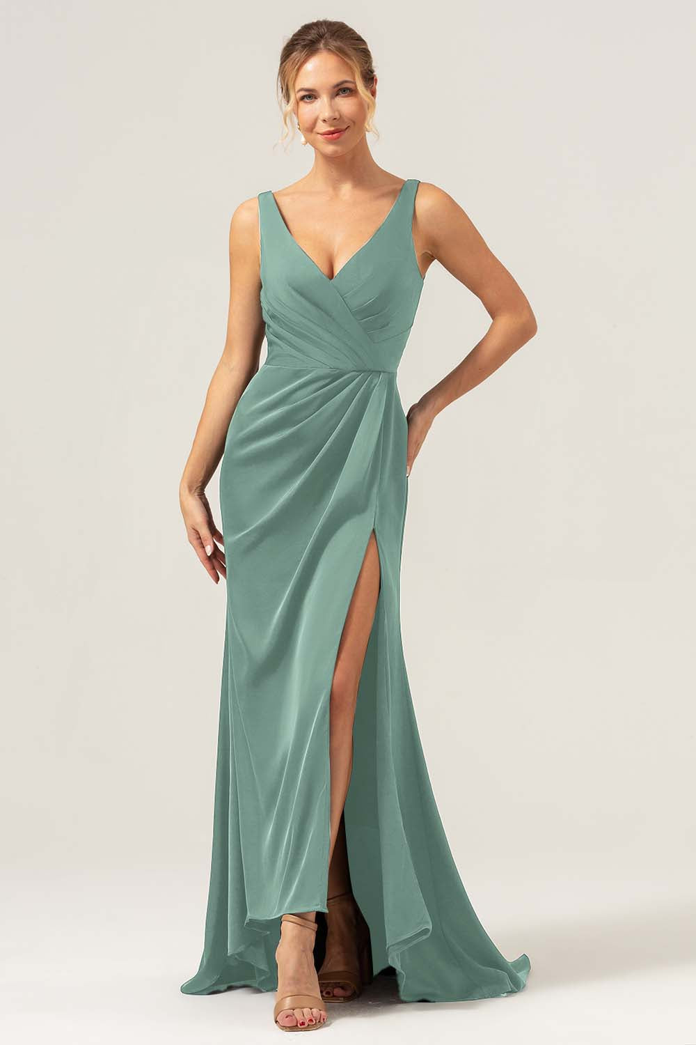 Agave V-Neck Long Bridesmaid Dress with Slit