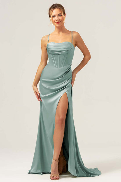 Spaghetti Straps Agave Corset Long Bridesmaid Dress with Slit