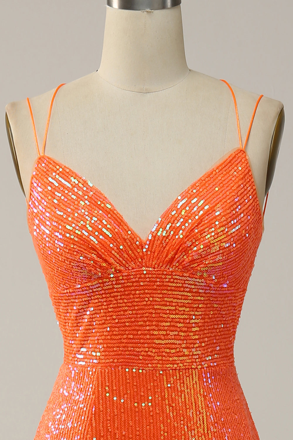 Mermaid Spaghetti Straps Orange Sequins Prom Dress with Split Front