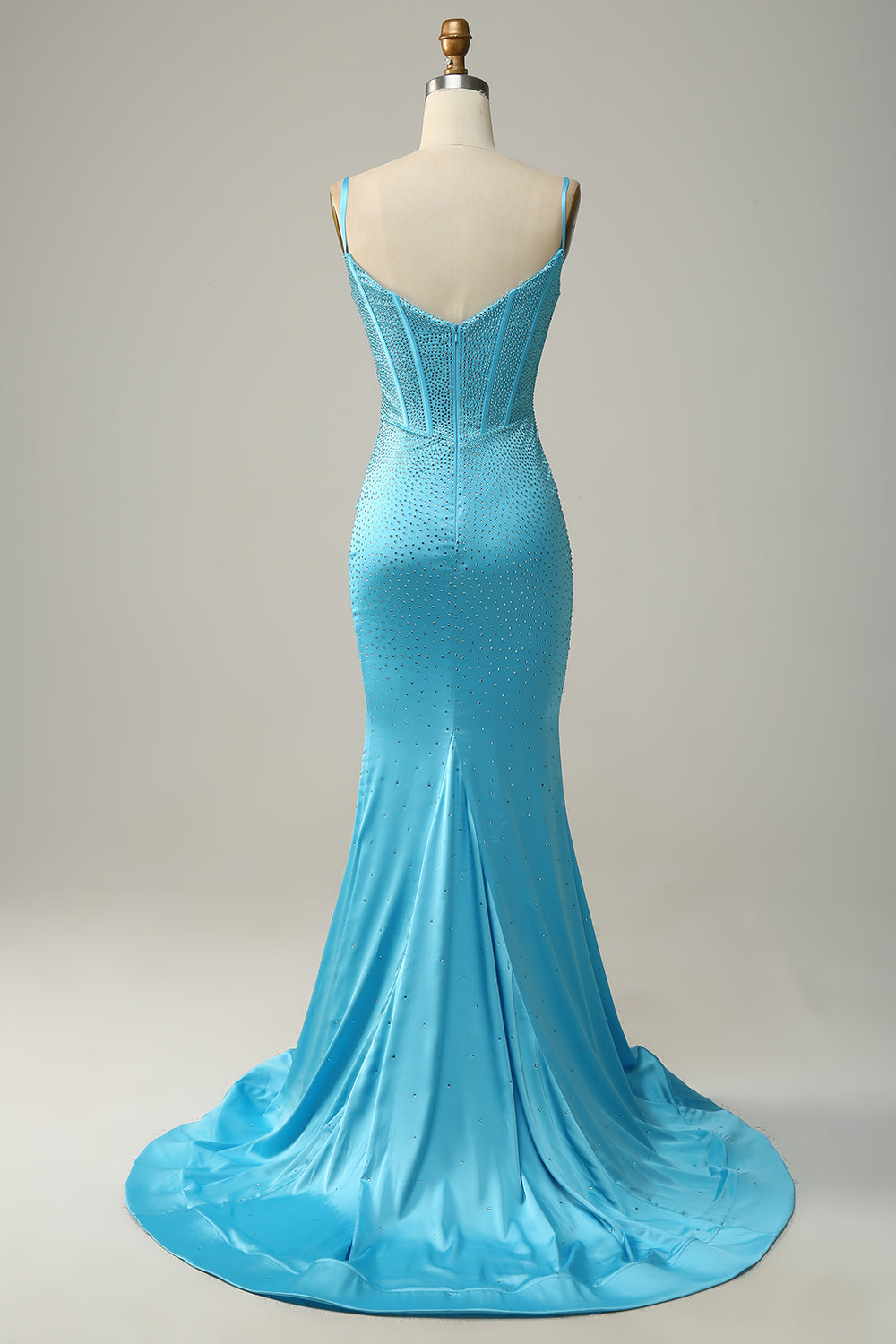 Mermaid Spaghetti Straps Blue Beaded Prom Dress