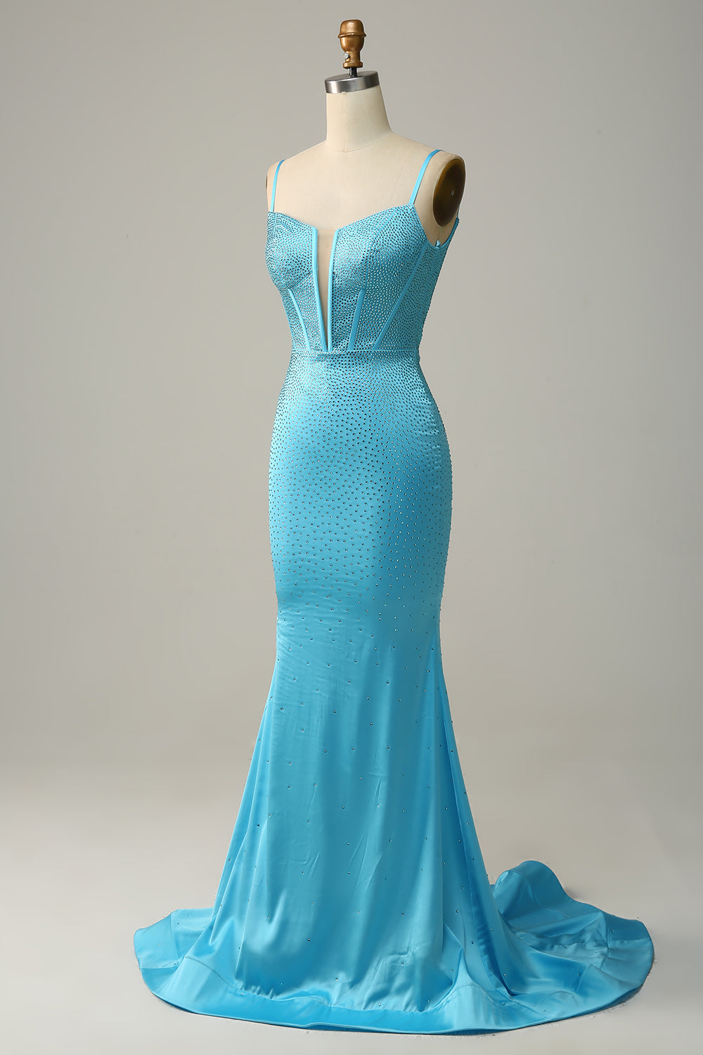 Mermaid Spaghetti Straps Blue Beaded Prom Dress