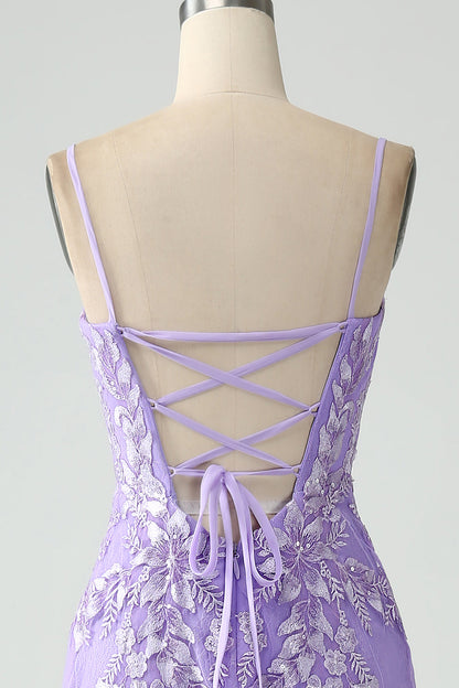 Mermaid Lilac Spaghetti Straps Long Prom Dress with Appliques