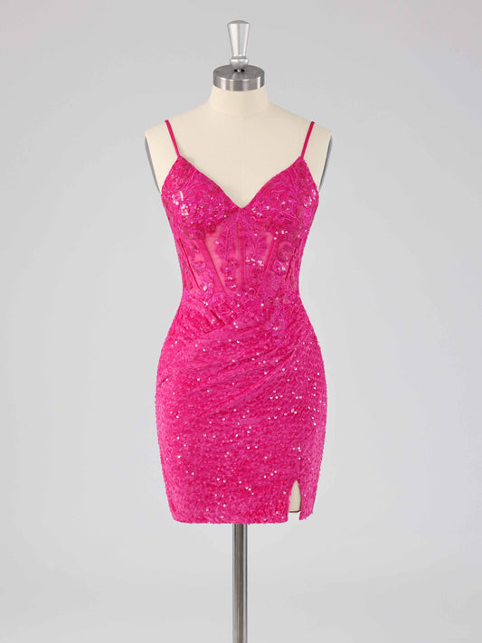V-Neck Mini Sequin Homecoming Dresses with Slit