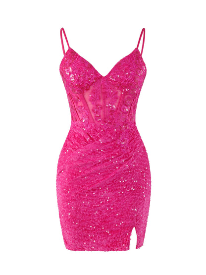 V-Neck Mini Sequin Homecoming Dresses with Slit