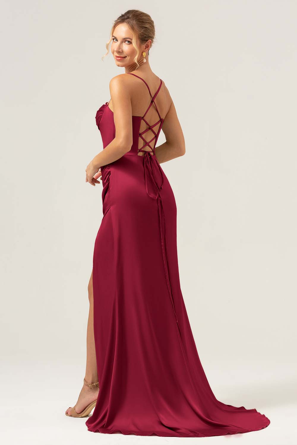 Spaghetti Straps Agave Corset Long Bridesmaid Dress with Slit