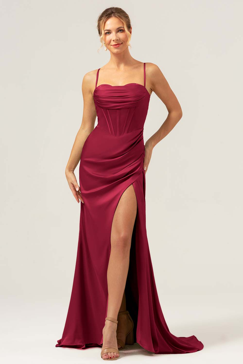 Spaghetti Straps Agave Corset Long Bridesmaid Dress with Slit